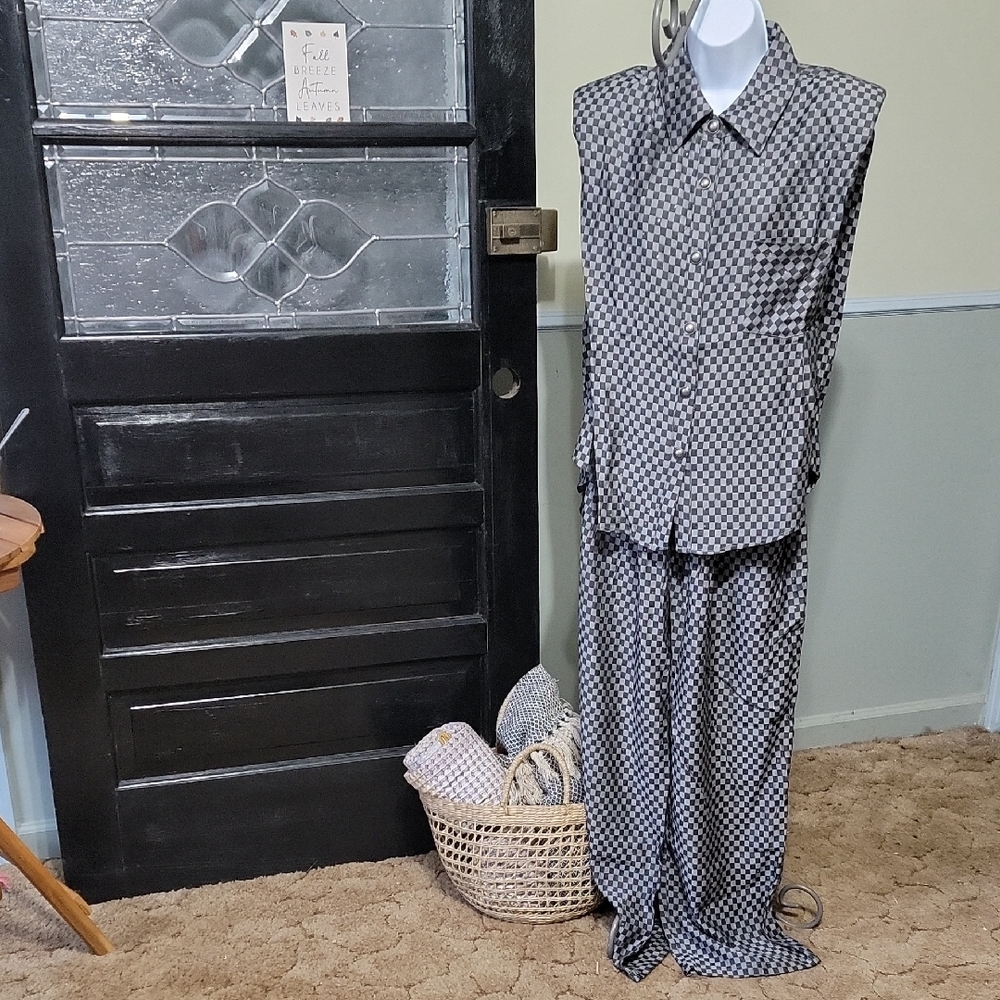 NWT DAVI & DANI Black And Grey Checkered Shirt And Pants Set Woman Size S, M, L